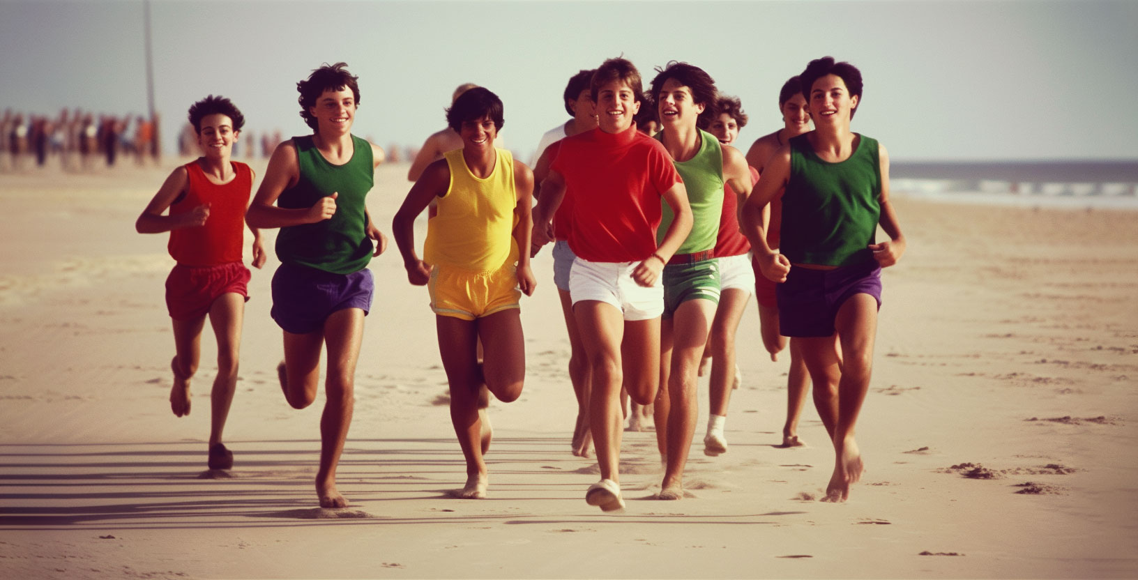 Chicos con camisetas de colores corriendo por la playa